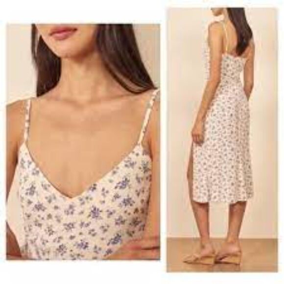 Reformation Crimini Dress Size 12 Blue Cream Floral - Picture 3 of 11